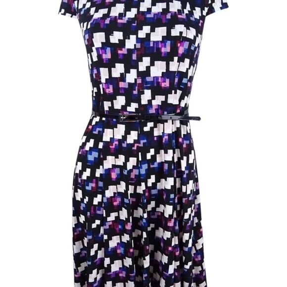 JESSICA Howard Midi Black Belted Geometric-Print A-Line Dress Size 10P - Picture 6 of 11